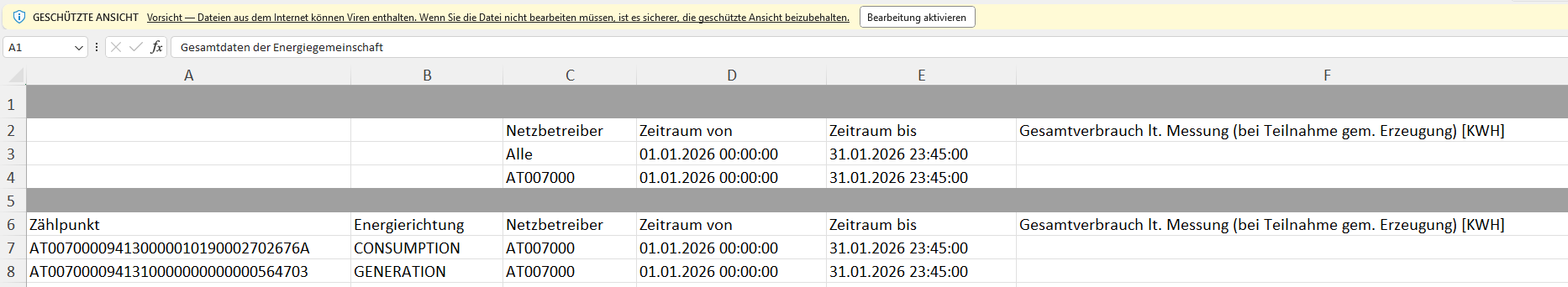 EEG Monatsabrechnung aus dem exportiert aus dem EDA Portal